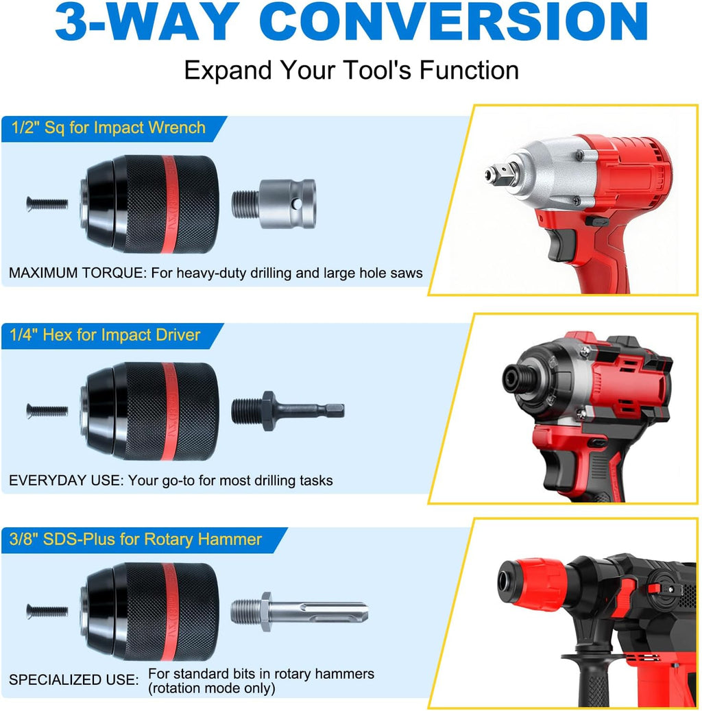 1/2"-20 Keyless Drill Chuck Adapter 3-in-1 for Impact Driver