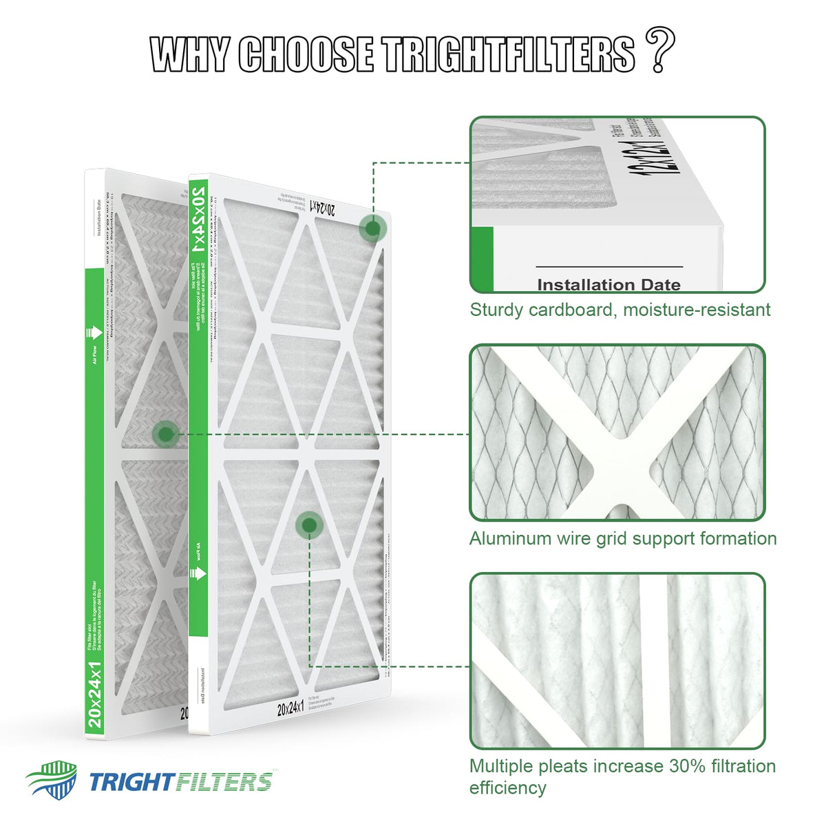 20x24x1 Air Filter 4 Pack, MERV 8 Pleated HVAC Furnace Filter