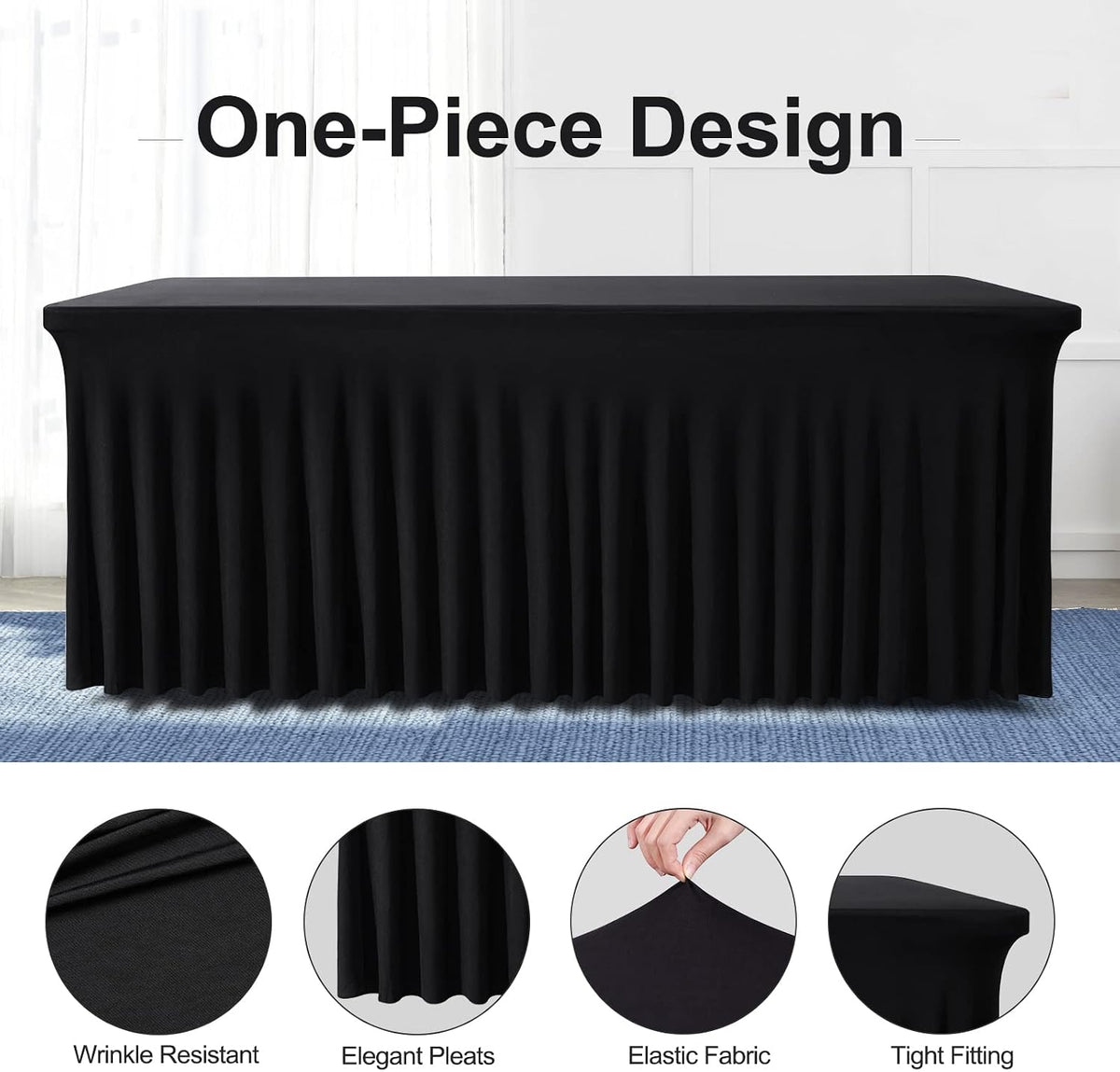 One-Piece Spandex Black Table Cloth Skirt for 6FT Rectangle Tables