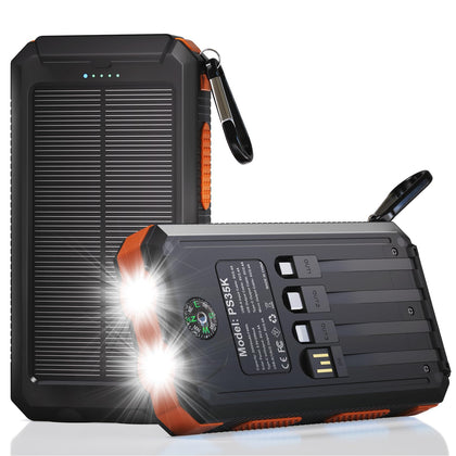 Solar Charger Power Bank 20,000mAh, Portable Charger, 4 Cables 3 Ports Fast Charging External Battery Pack with USB C