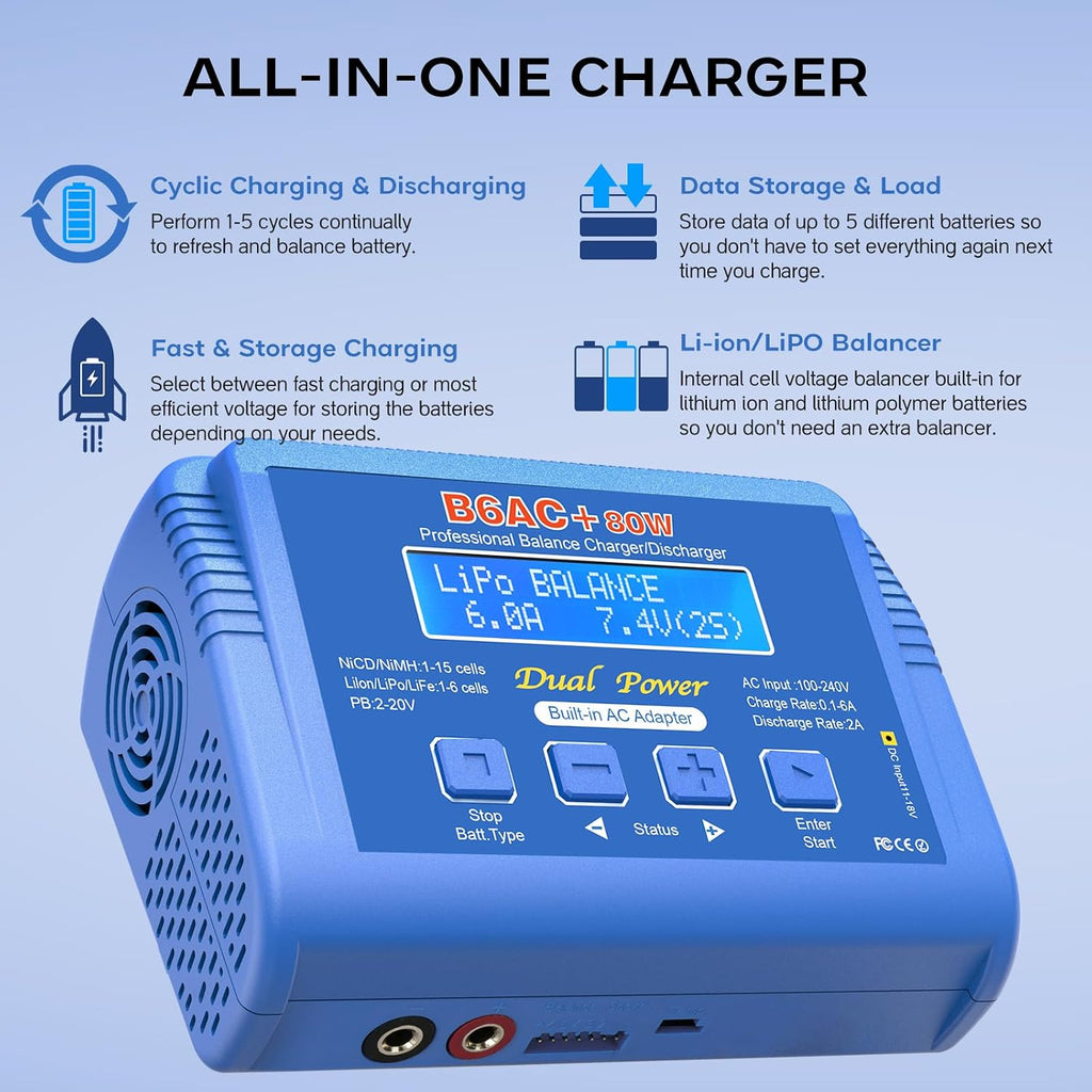 LiPo Charger 80W 6A Fast Balance Battery Chargers for RC Car Boat Drone | Smart Digital Battery Pack Charger