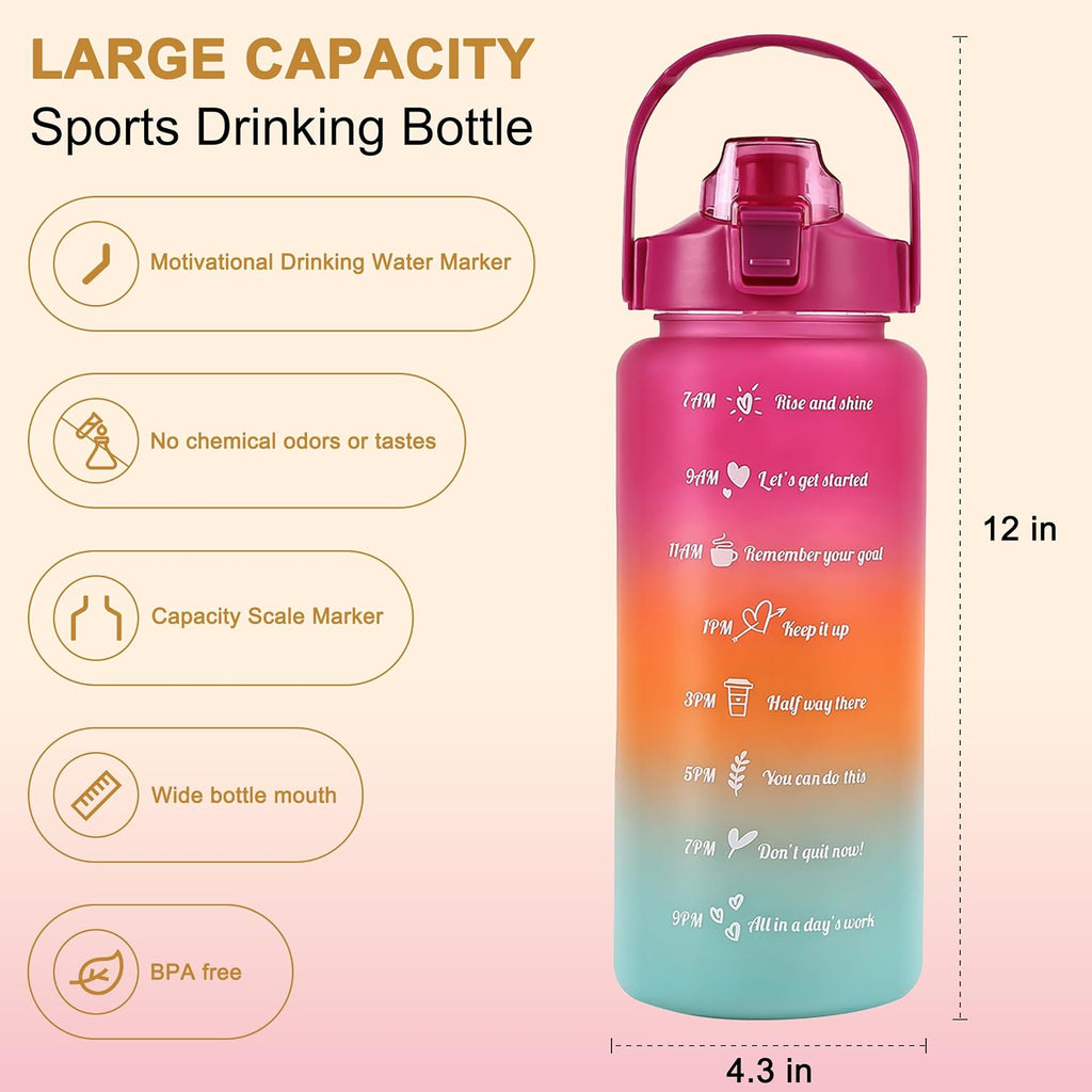 64 oz Motivational Water Bottle with Straw & Time Marker, Large BPA Free Leakproof Water Jug, Half Gallon Sports