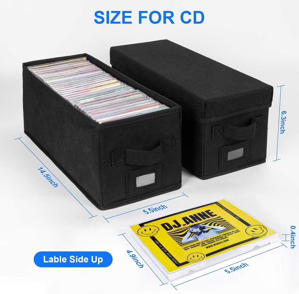 CD Case Holder with Handles and Lid – CD Storage Box with External Label Slots, Easy-to-Move Organizer Case for
