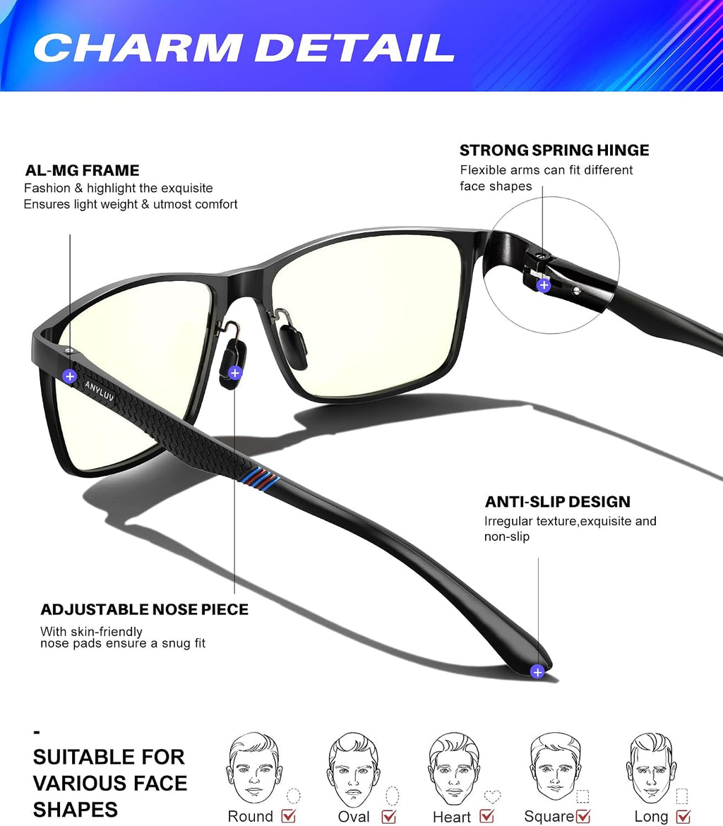 Blue Light Glasses Men, Relieve Eyestrain and Eye Protection, Al-Mg Metal Computer Blue Light Blocking Glasses