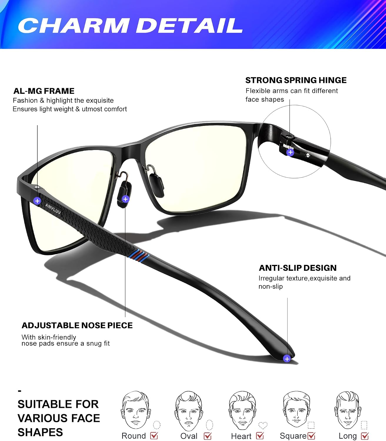 Blue Light Glasses Men, Relieve Eyestrain and Eye Protection, Al-Mg Metal Computer Blue Light Blocking Glasses