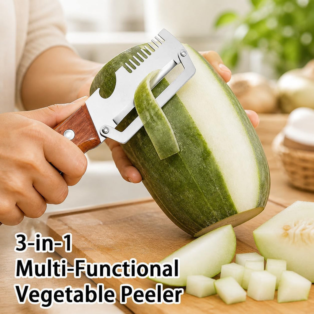 2-Pack Multifunctional Vegetable Peeler, 3 in 1 Kitchen Peeler with Wooden Handle, Grater & Bottle Opener for Potato