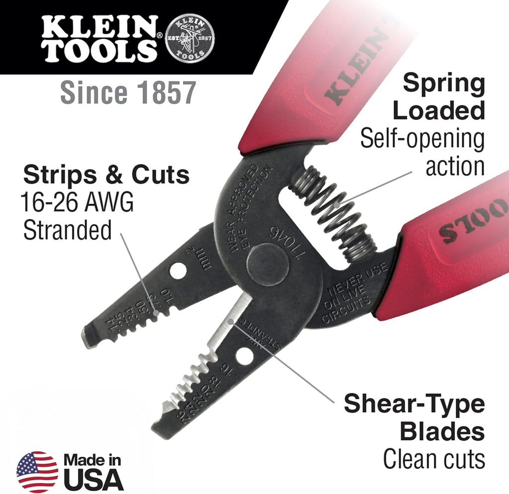 11046 Wire Stripper, Wire Cutter, Made in USA, Stripping/Cutting Tool for 16-26 AWG Stranded, Compact Nose with