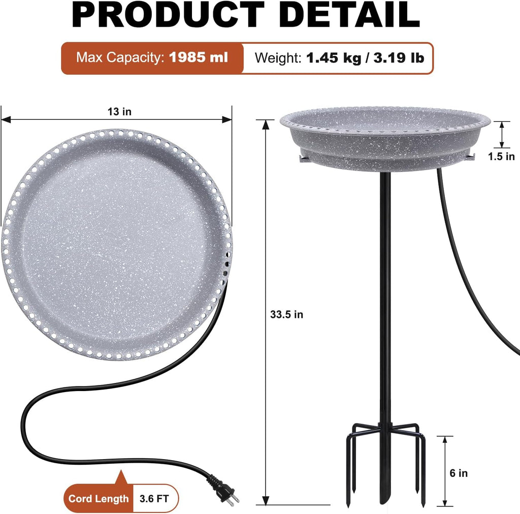 Heated Bird Bath, Stable 5-Prong Metal Base Thermostat Control Weather Resistance All Seasons Available 75W Heated