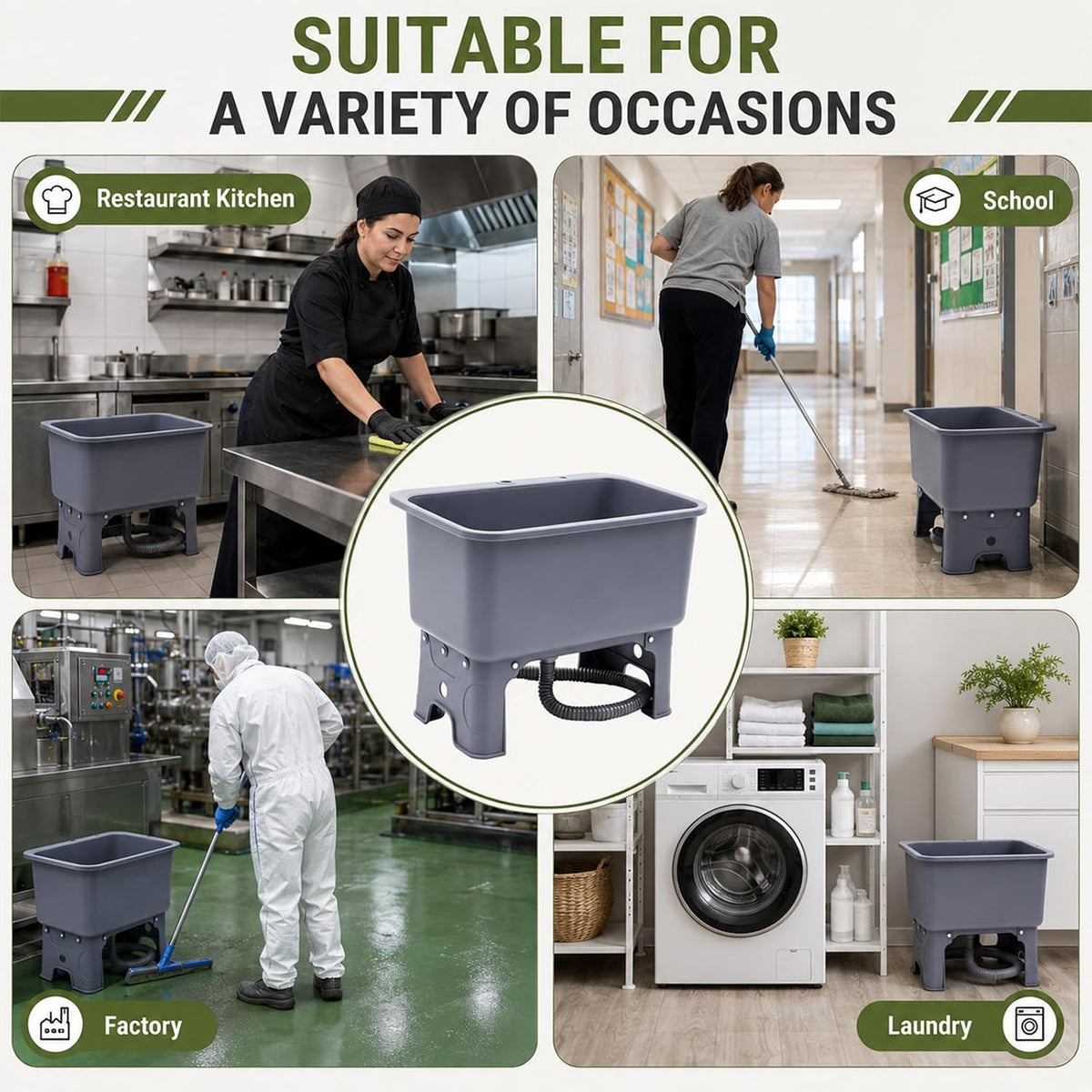 24 Inch Mop Sink Plastic Utility Basin with Raised Stand and Drain Hose