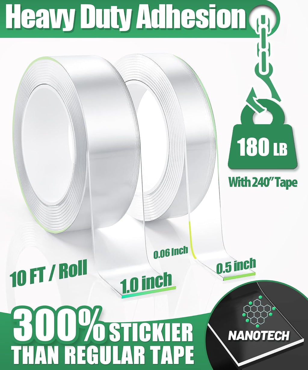 Double Sided Tape Heavy Duty, 2 Rolls 20 Feet, Clear Nano Mounting Tape