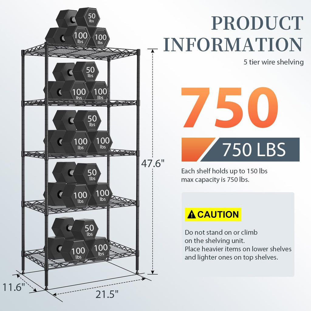 5-Tier Wire Shelf | 21.5" x 11.6" x 47.6" | Black