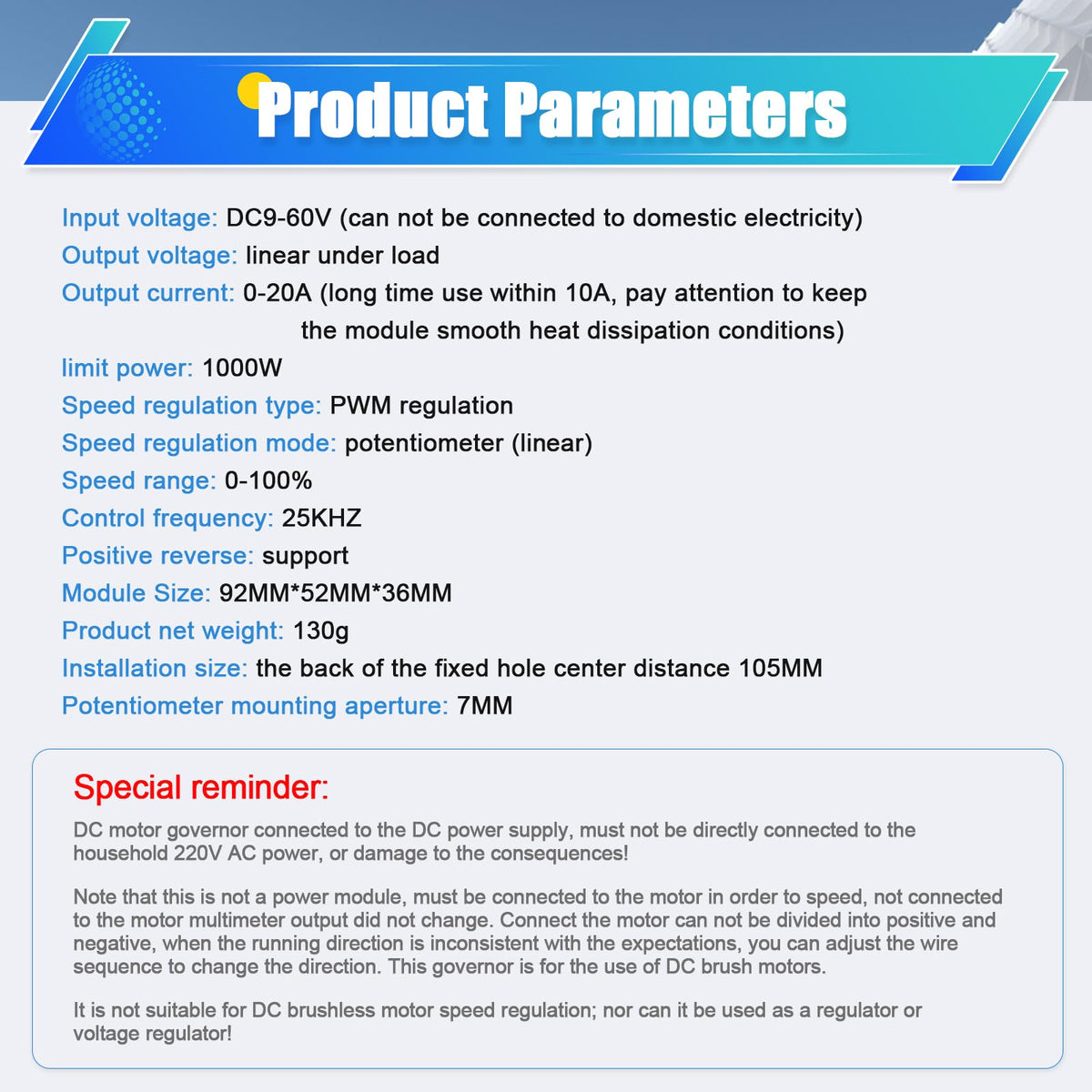 HUSETOO DC Motor Speed Controller, DC 9V - 60V Motor Pulse Width Modulator Regulator 20A 1000W Motor Variable Speed Controller, CW/CCW Switch Integration