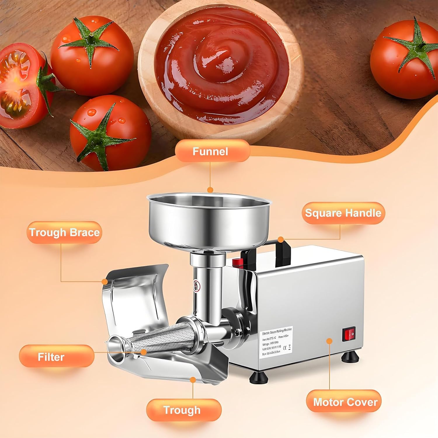 Electric Food Mill for Tomato Sauce,110-350 lbs/h Output, Commercial Grade Tomato Strainer with Funnel, 304 Stainless