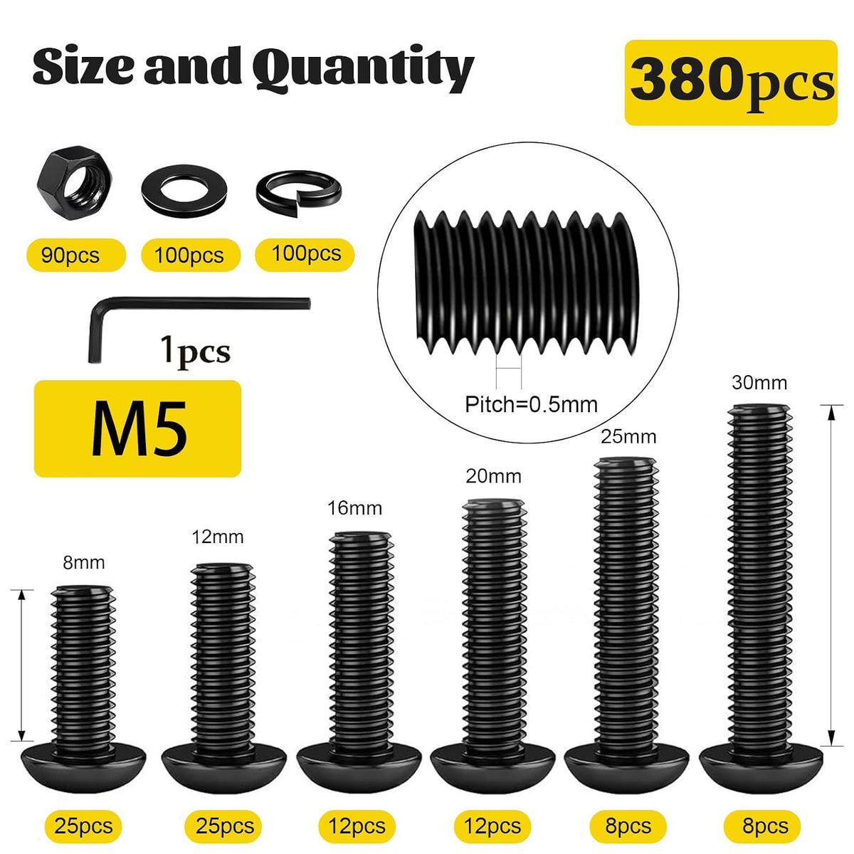 380PCS M5 Hex Button Head Screw Assortment Kit M5x8/12/16/20/25/30 mm