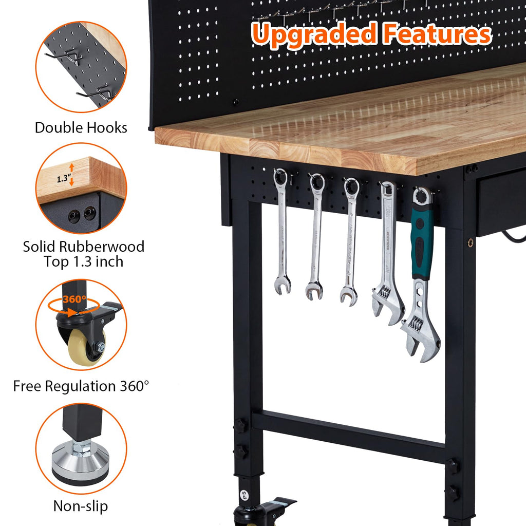 60" Adjustable Height Workbench, Rubber Wood Tabletop Workbench with Pegboard, Storage Drawers, Rolling Work Table