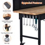 60" Adjustable Height Workbench, Rubber Wood Tabletop Workbench with Pegboard, Storage Drawers, Rolling Work Table