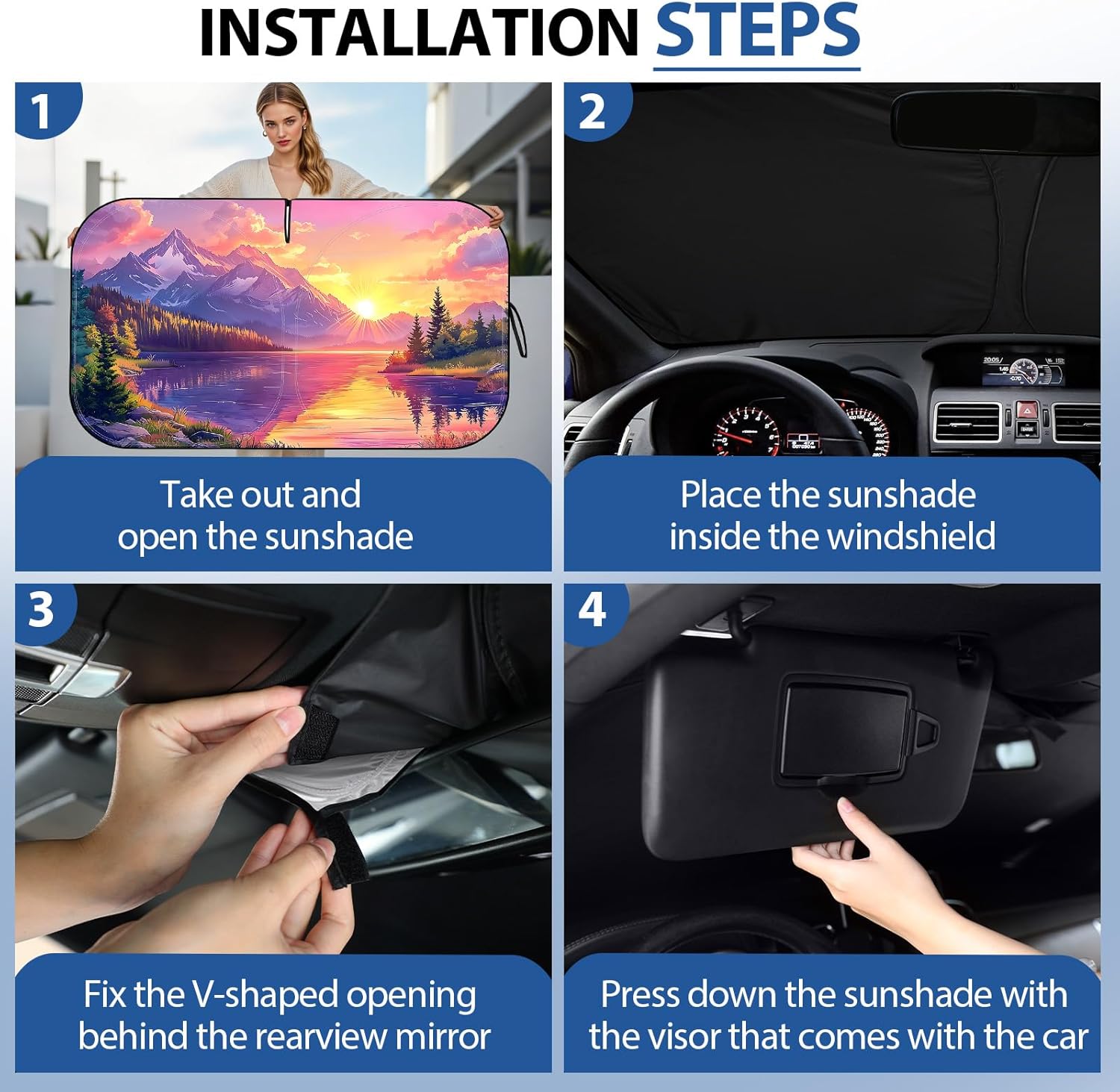 Car Windshield Sun Shade for Sedans, SUVs & Trucks Reflective UV Block Sunshade Visor Shield Foldable with Storage