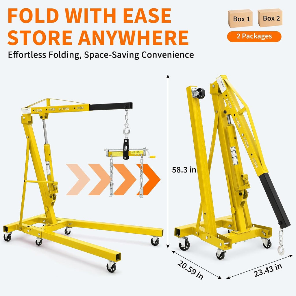 2 Ton Hydraulic Folding Engine Hoist Cherry Picker Shop Crane, 4400 lb Capacity, Telescopic Boom, 6 Caster Wheels