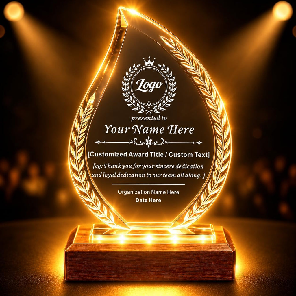 SHIP NEXT DAY, Custom Crystal Trophy Award, Engraved Plaque with LED Base