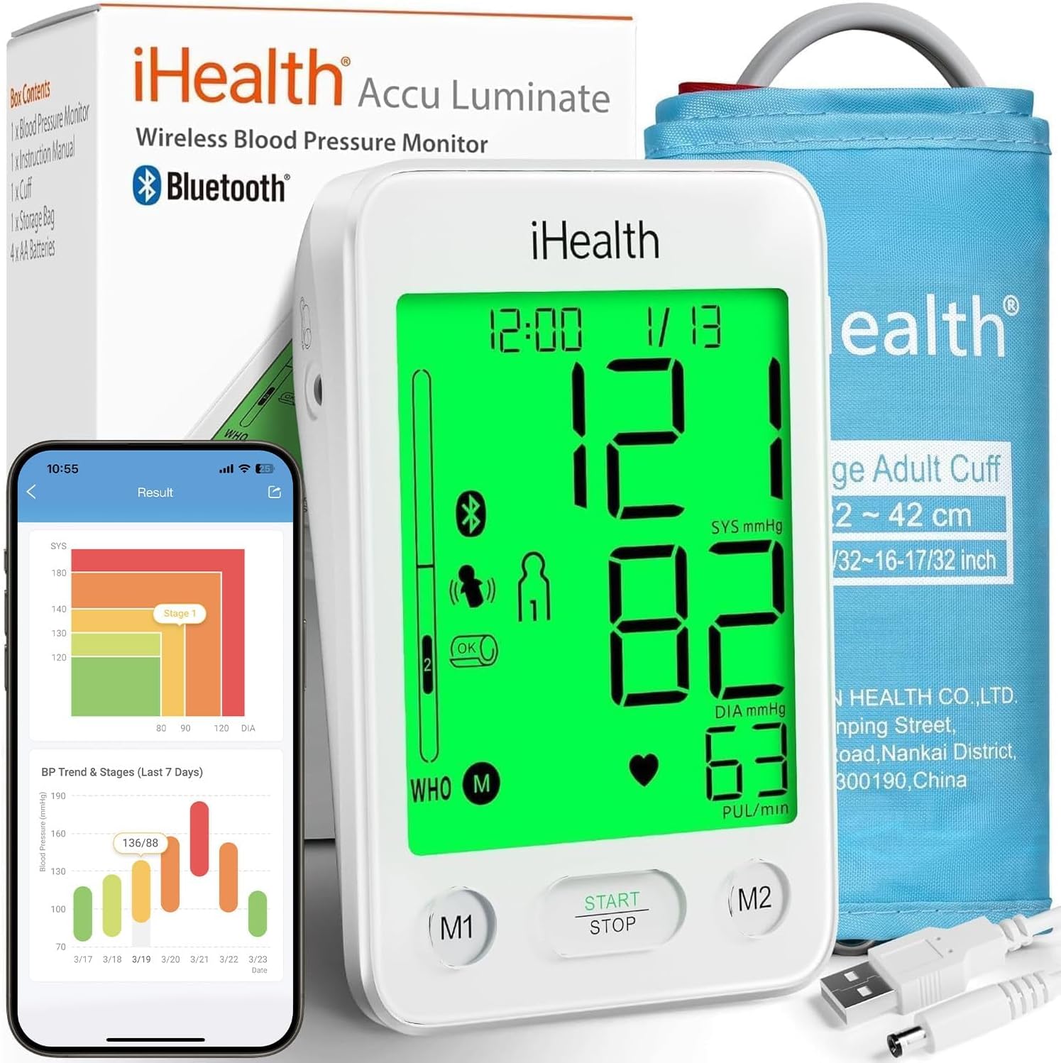 Accu Luminate Blood Pressure Monitor – 4.5" Tri-Color WHO-Based LCD(White), Clinically Accurate, Irregular Heartbeat