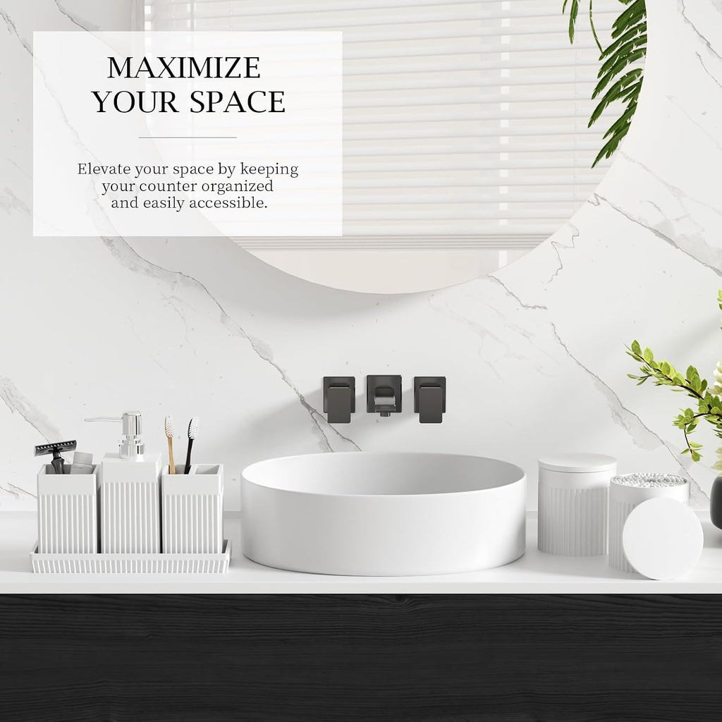 6-Piece White Bathroom Set - Modern Resin Bathroom Accessories Set with Soap Dispenser, Toothbrush Holder, Vanity