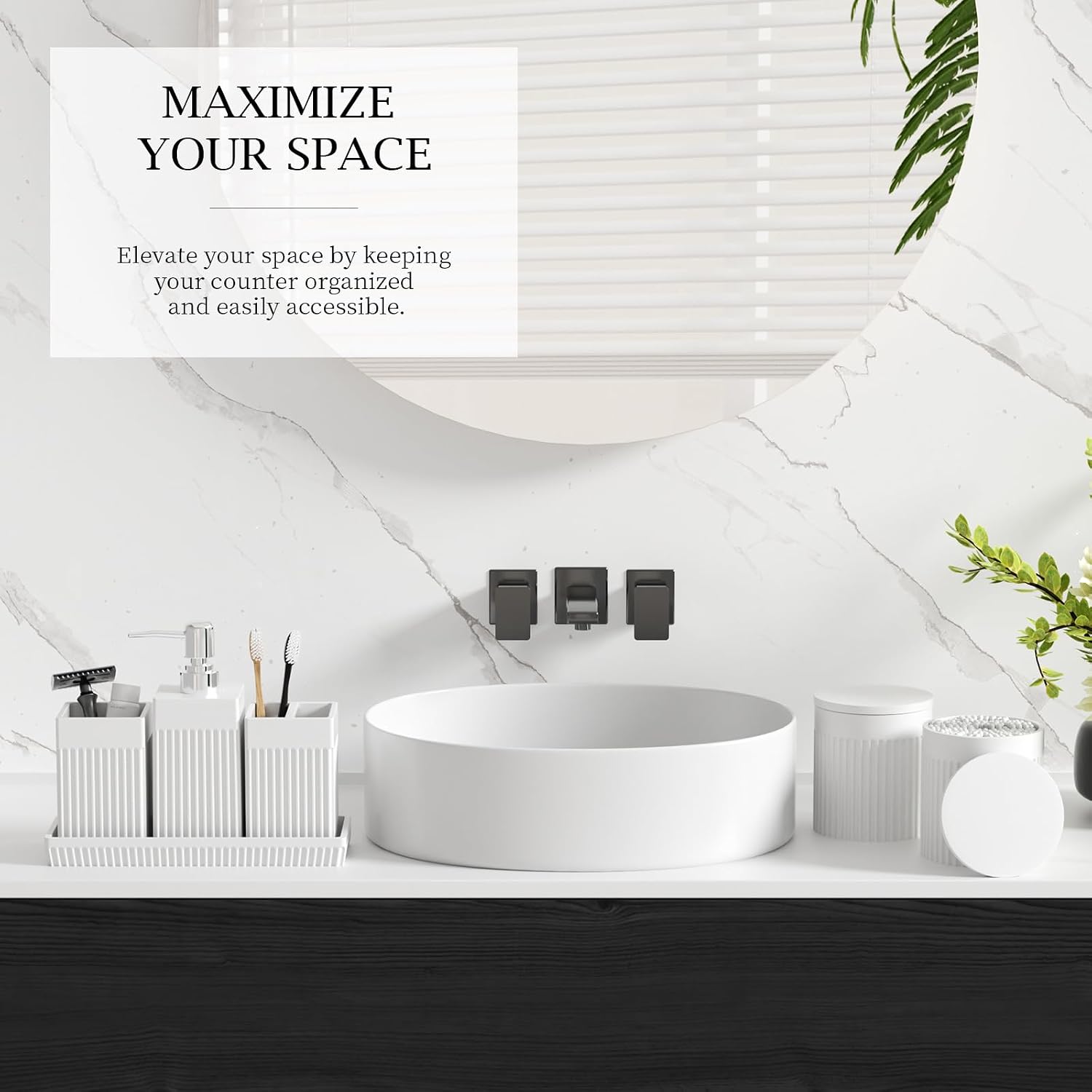 6-Piece White Bathroom Set - Modern Resin Bathroom Accessories Set with Soap Dispenser, Toothbrush Holder, Vanity