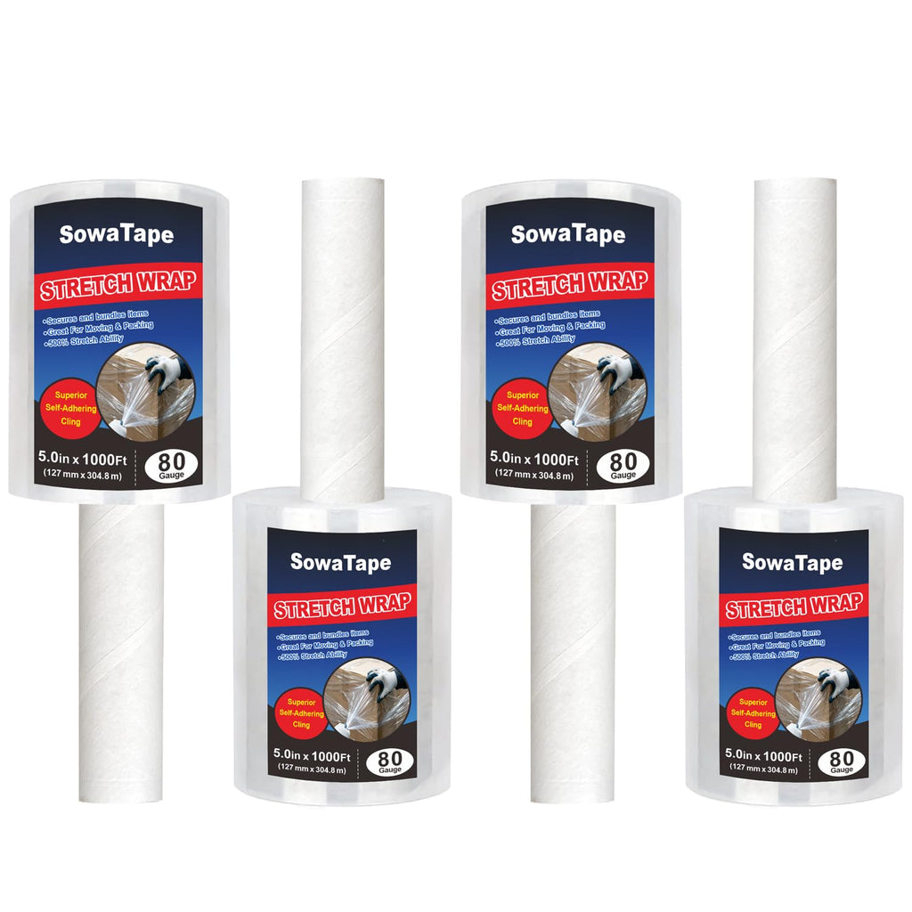 4 Pack Mini Clear Stretch Wrap Film with Handle 5''x1000Ft