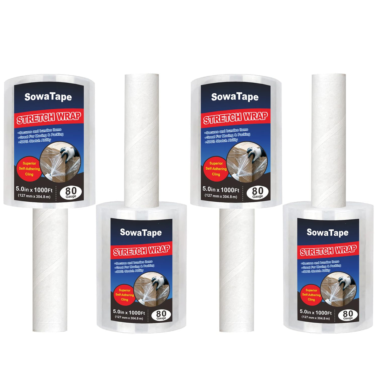 4 Pack Mini Clear Stretch Wrap Film with Handle 5''x1000Ft