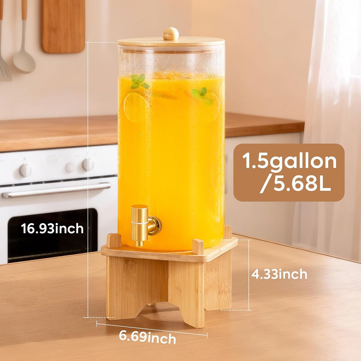 2pcs 1.5 Gallon Glass Drink Dispenser with Bamboo Stand
