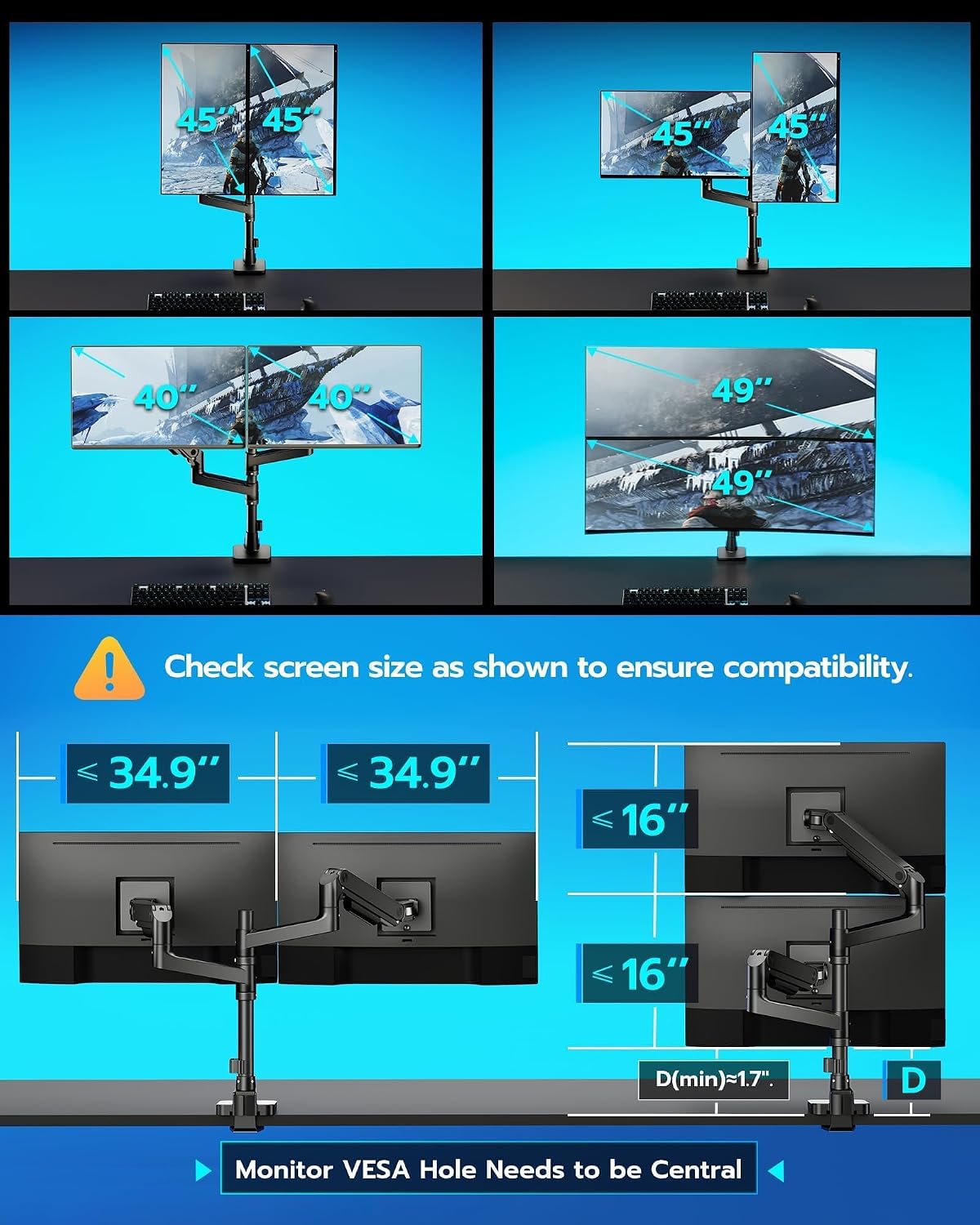 Stack Dual Ultrawide Monitor Mount with USB A/C for 17 to 49 Inch | Pro Gas Spring, Aluminum Material, Flexible