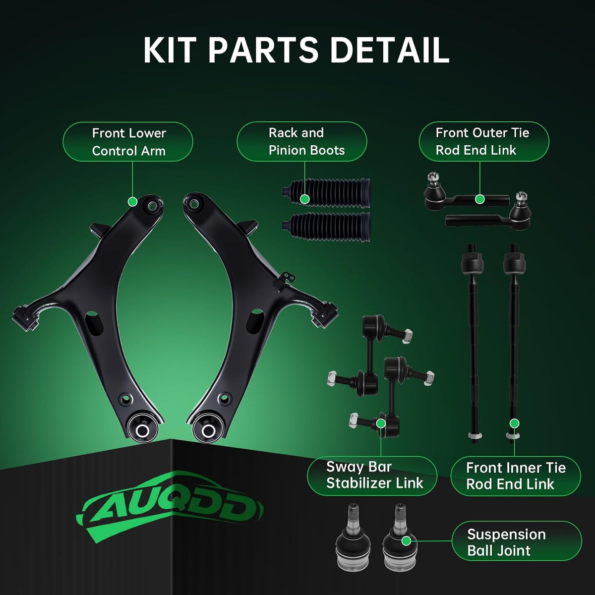 AUQDD 12Pcs Front End Suspension Kit Fit For 2005-2009 Su-baru Outback Legacy, 2 Lower Control Arm 2 Ball Joint 2 Sway Bar Link 4 Outer & Inner Tie Rod End (# K622030 K750049 EV801557 ES3712 K9513)
