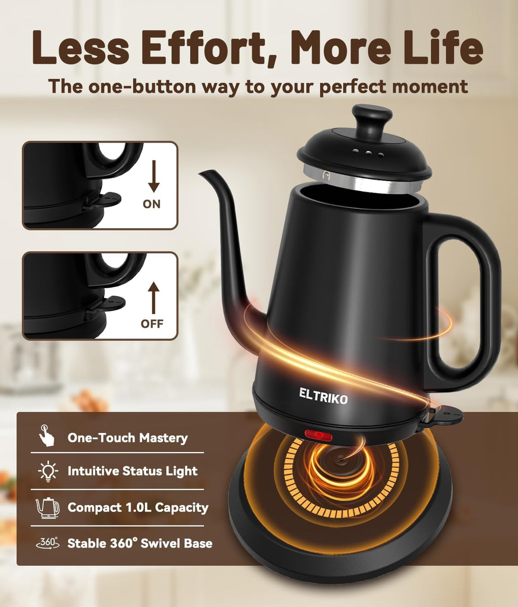 1L Gooseneck Electric Kettle for Pour Over Coffee & Tea | 1000W Fast Heating, Food-Grade Stainless Steel, Auto