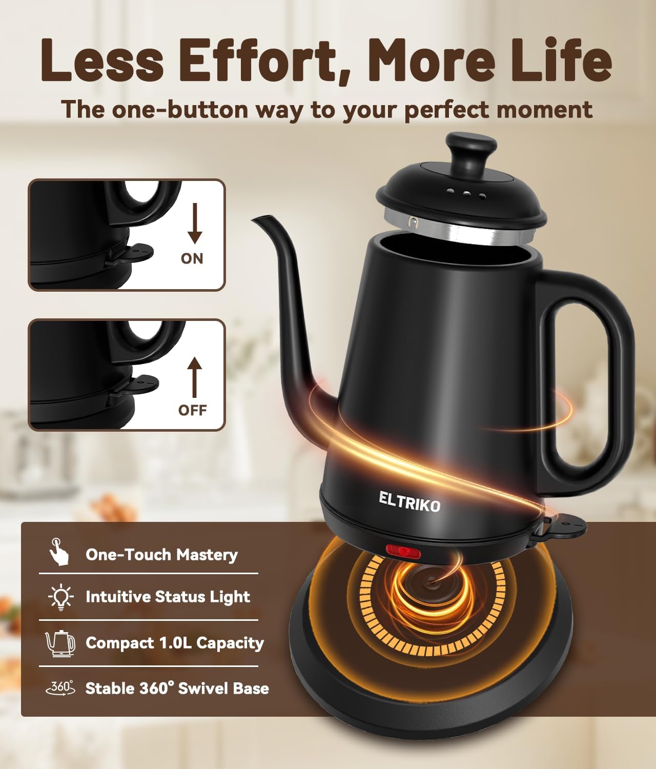 1L Gooseneck Electric Kettle for Pour Over Coffee & Tea | 1000W Fast Heating, Food-Grade Stainless Steel, Auto