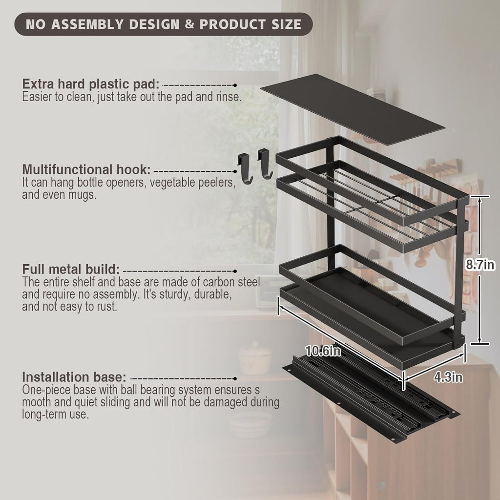 Pull Out Spice Rack Organizer for Cabinet, 2 Pack Metal Seasoning Organizer Slide Out Spice Storage Shelf No Assembly