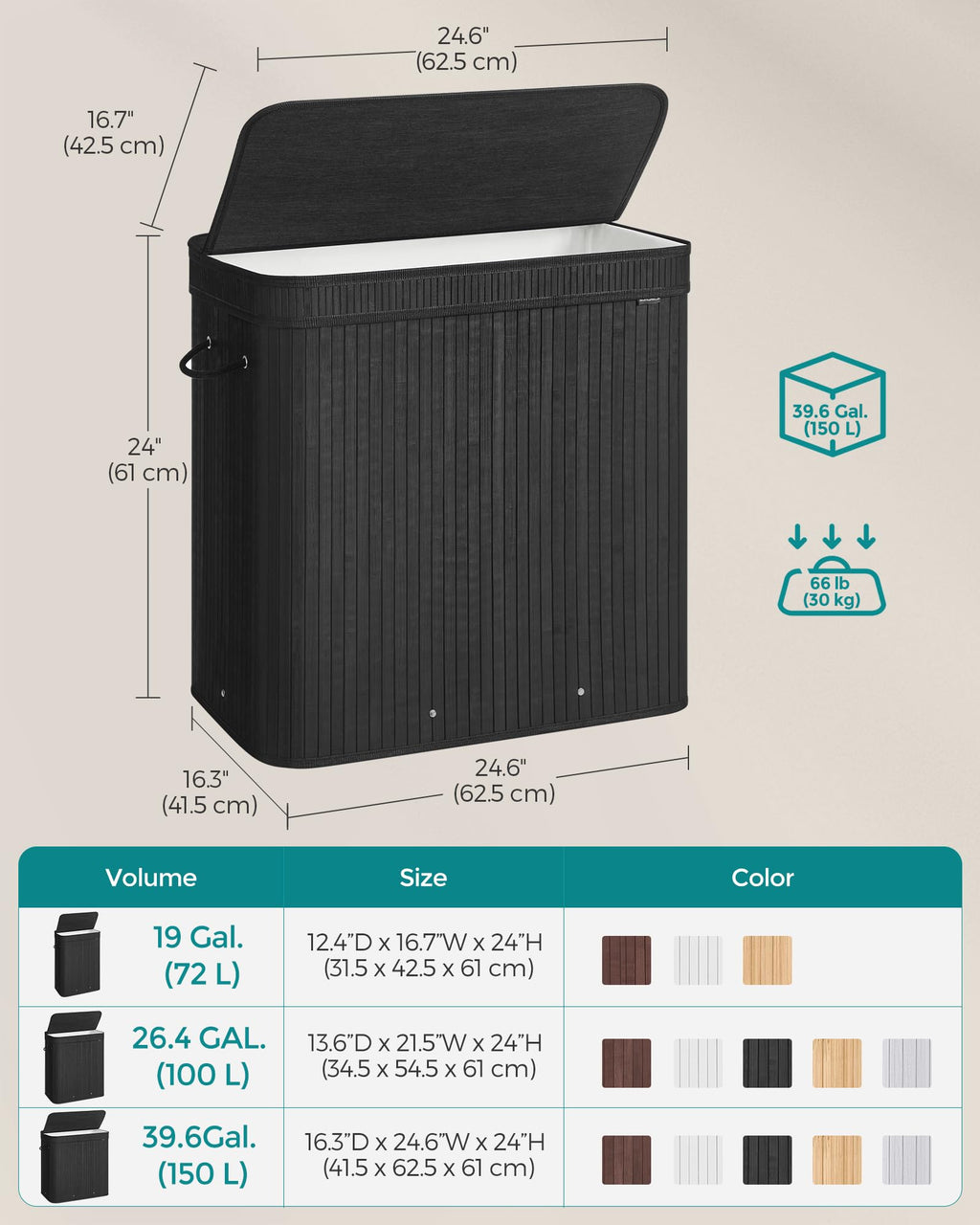 Bamboo Laundry Hamper with Lid, 39.6-Gallons, with Handles