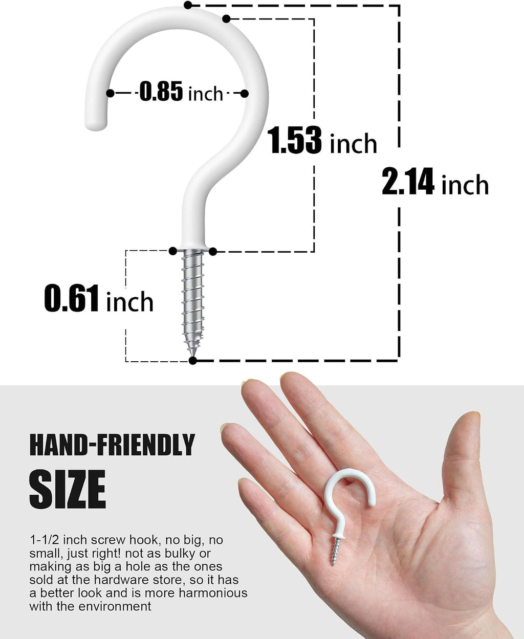 Ceiling Hooks – Vinyl Coated ScrewHook – 1-1/2 Inches Cup Hook – Screw-in Hooks – 20 Pack – White