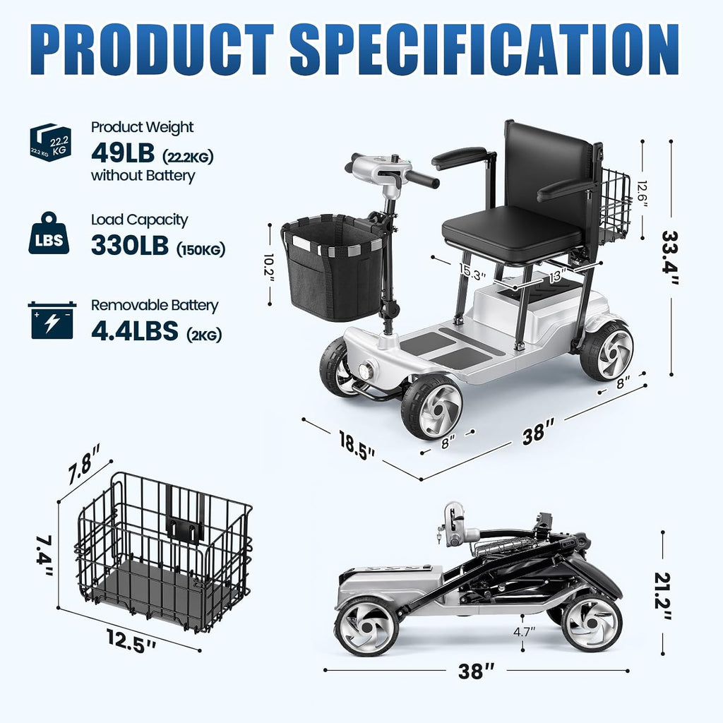 20 Miles Mobility Scooter for Adults and Seniors, Airport Approved, Silver