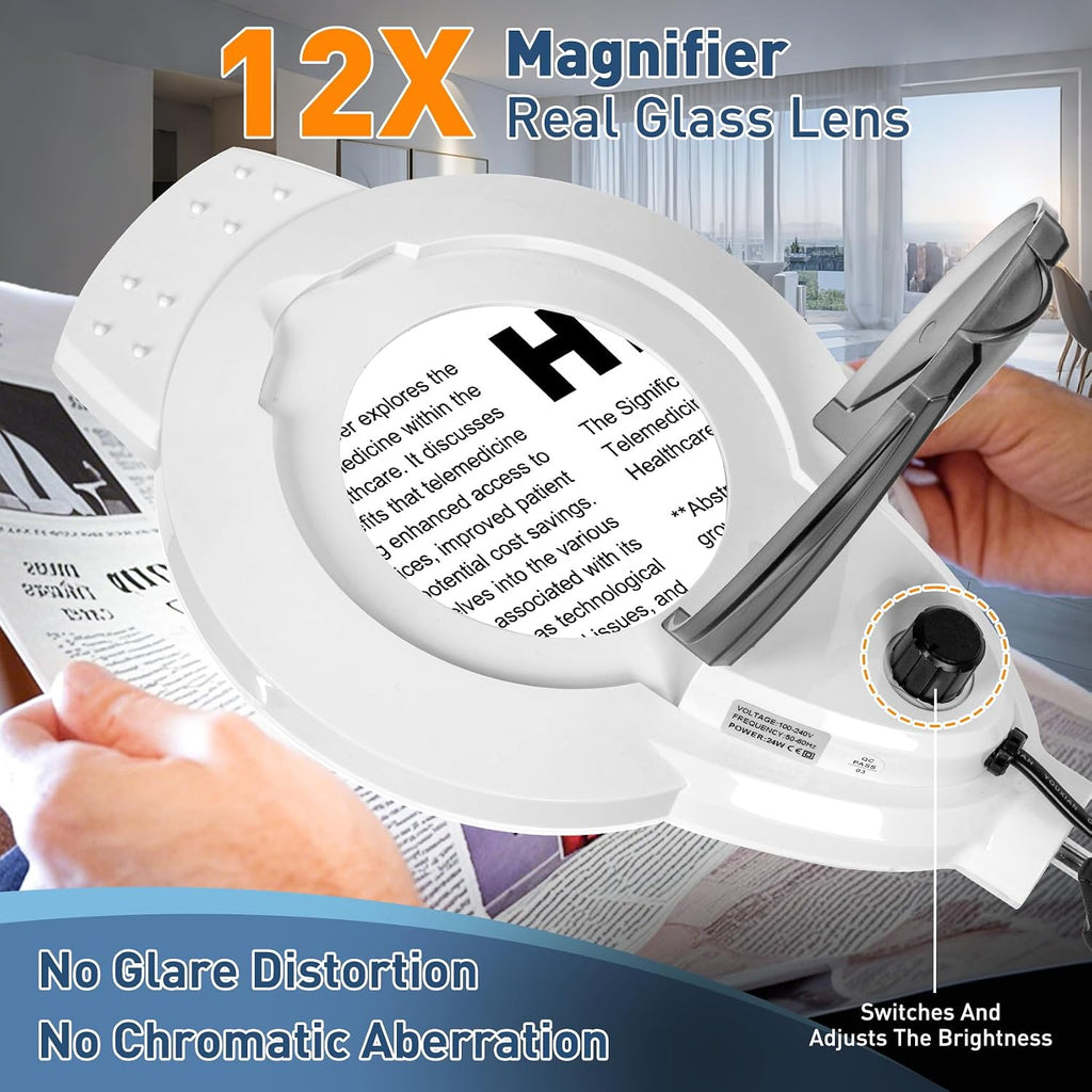 Floor Magnifying Glass with Light and Stand, 12X 2200 Lumen Knob | Adjustable Color Dimmable, 2 in 1 Magnifier Lamp