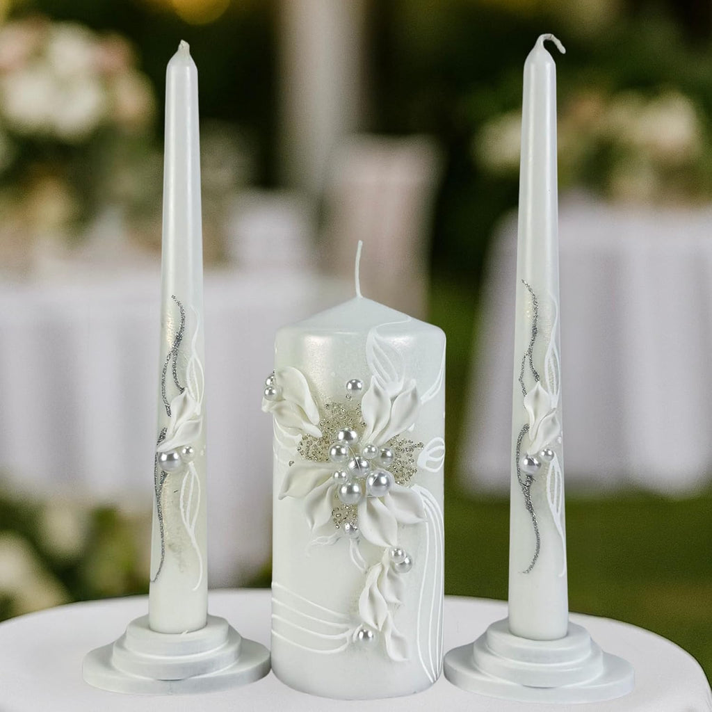 Pearl Bloom Unity Candle Set for Wedding Ceremony, Handmade White Floral Wedding Unity Candles, Unscented 6" Pillar &
