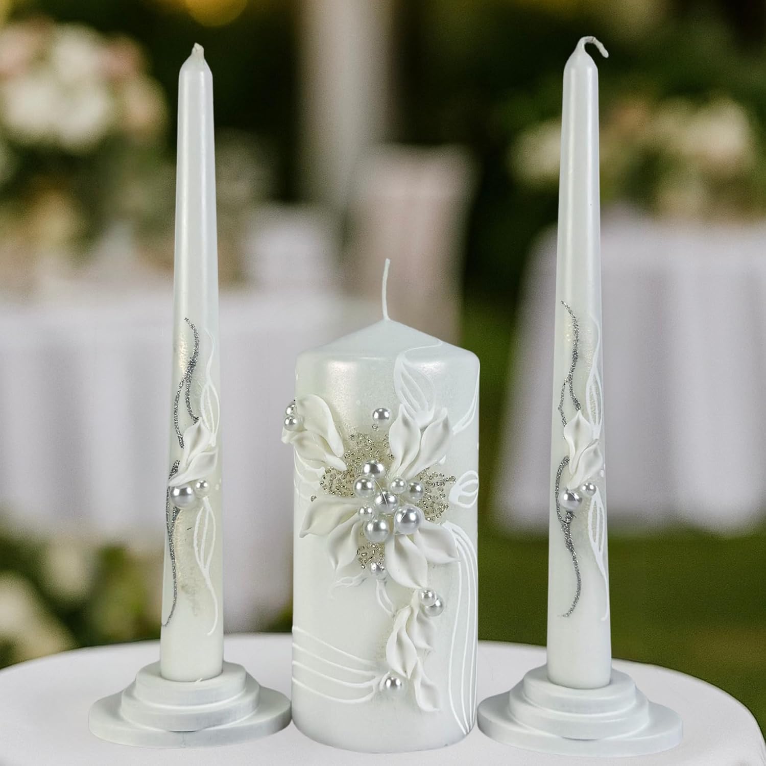 Pearl Bloom Unity Candle Set for Wedding Ceremony, Handmade White Floral Wedding Unity Candles, Unscented 6" Pillar &