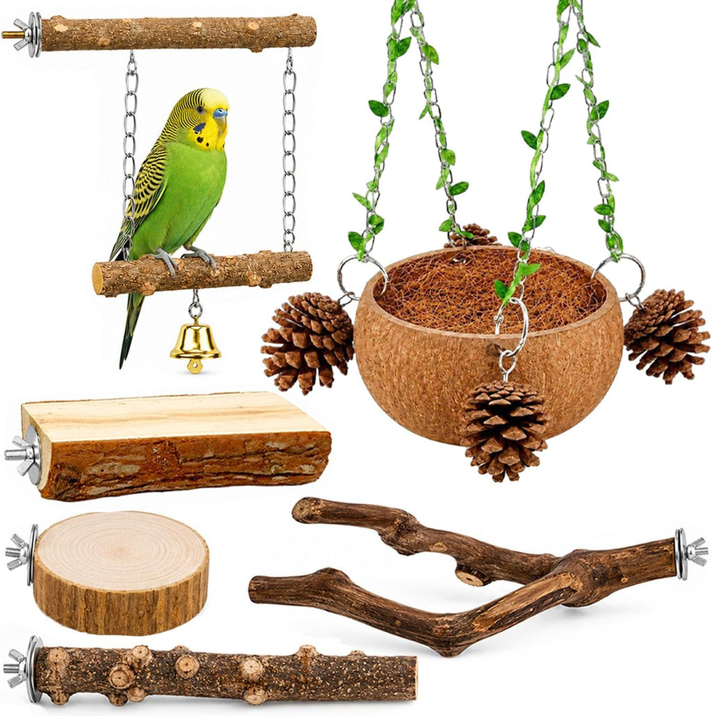 Bird Perch Bird Cage Accessories Parrot Toys Natural Wood 6Pcs Set for Parakeet Cockatiel Conure Lovebird Small