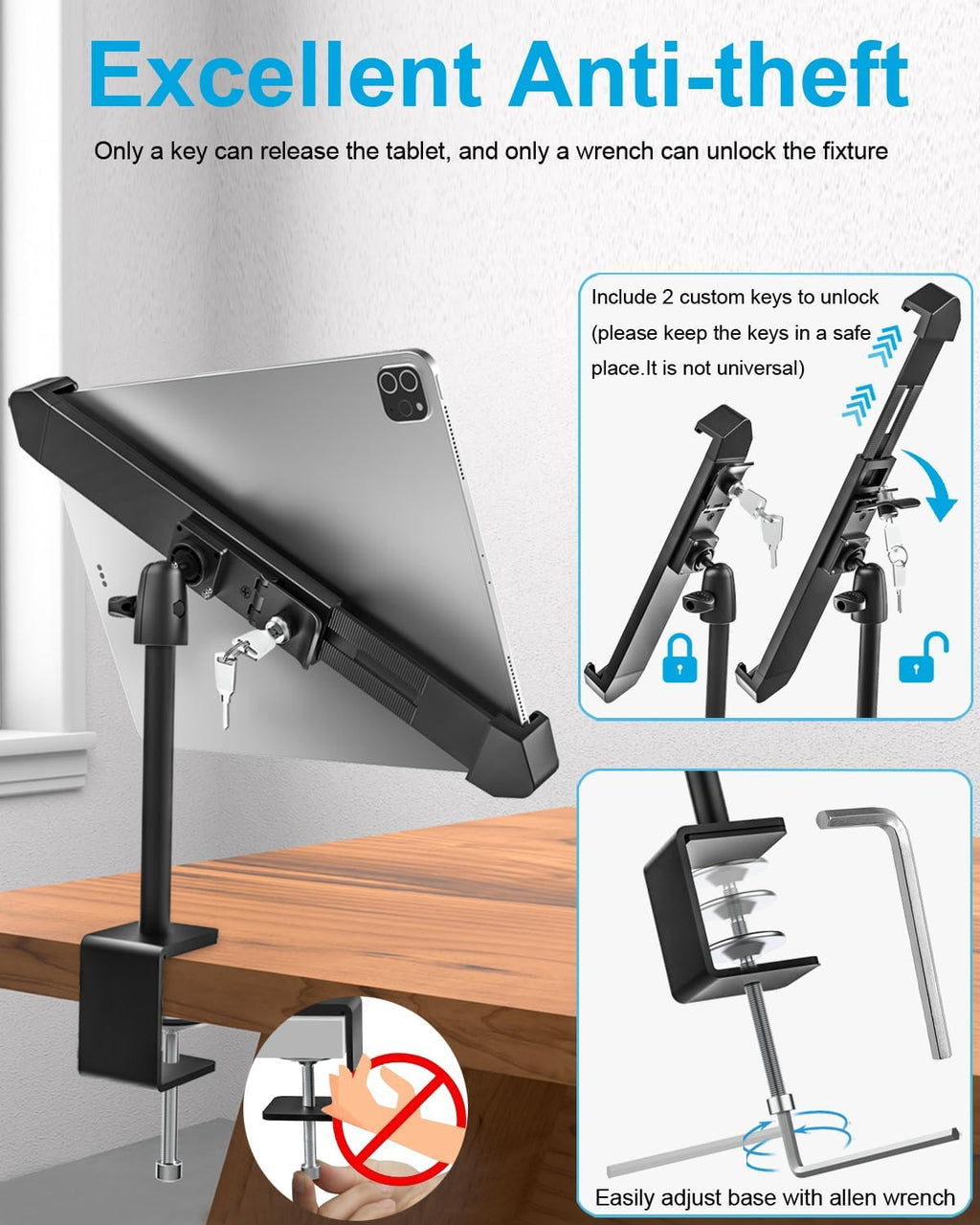 Anti-Theft Desktop Tablet Kiosk Stand - [Dual Security Lock] 360° Swivel Locking iPad POS Mount Holder for 7-11" iPad