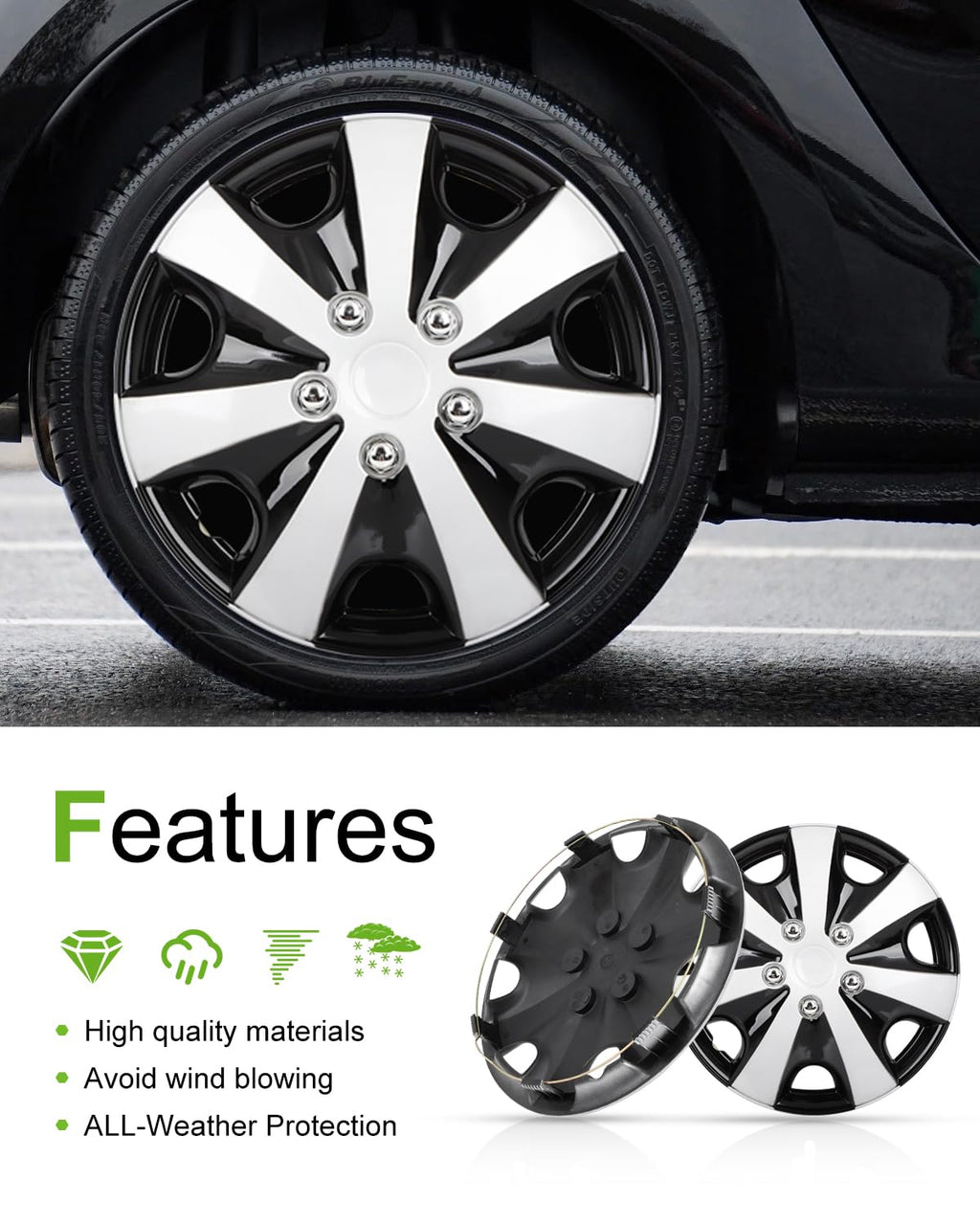15 Inch Hubcaps 4-Pack Black & Silver Wheel Cover Universal-Fit