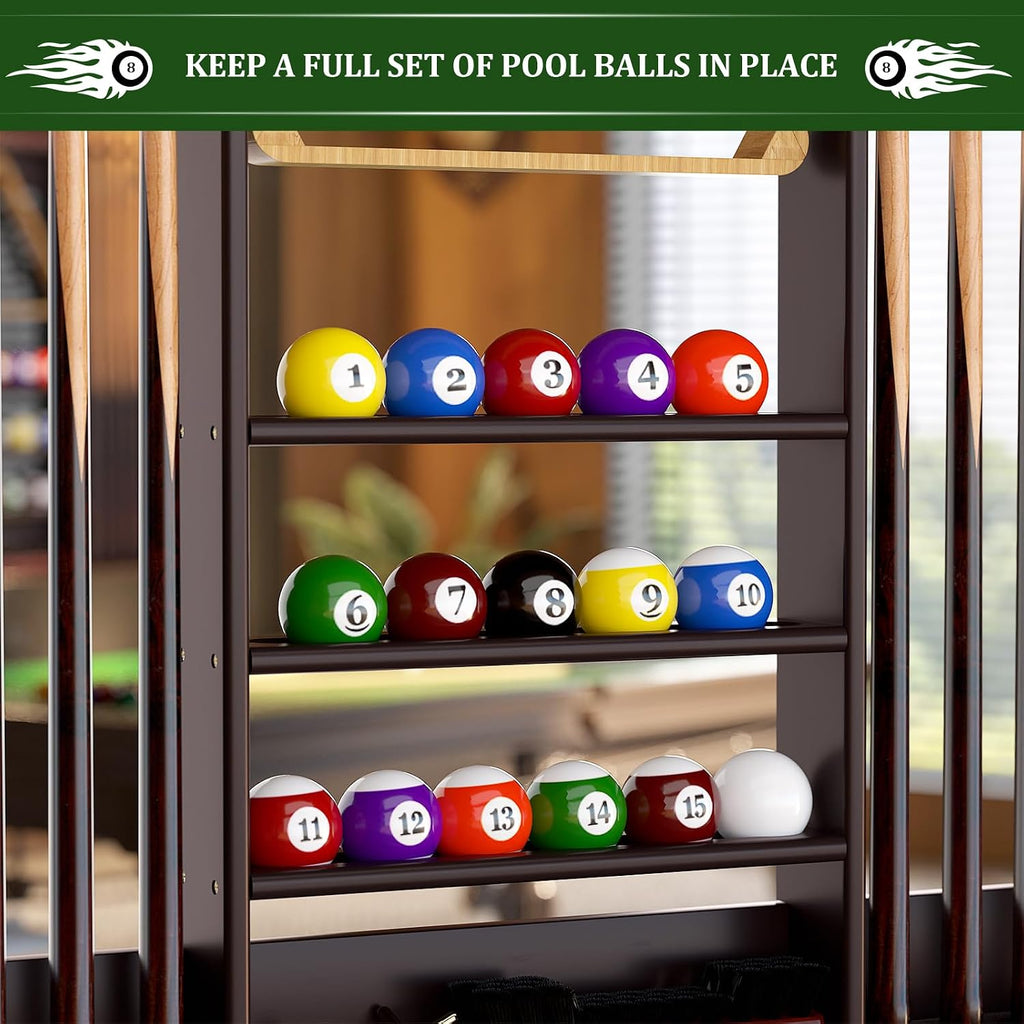 Bamboo Pool Cue Rack Wall Mounted, Billiards Sticks Holder for 8 Cues | Organizes Full Set of Balls and Pool Table