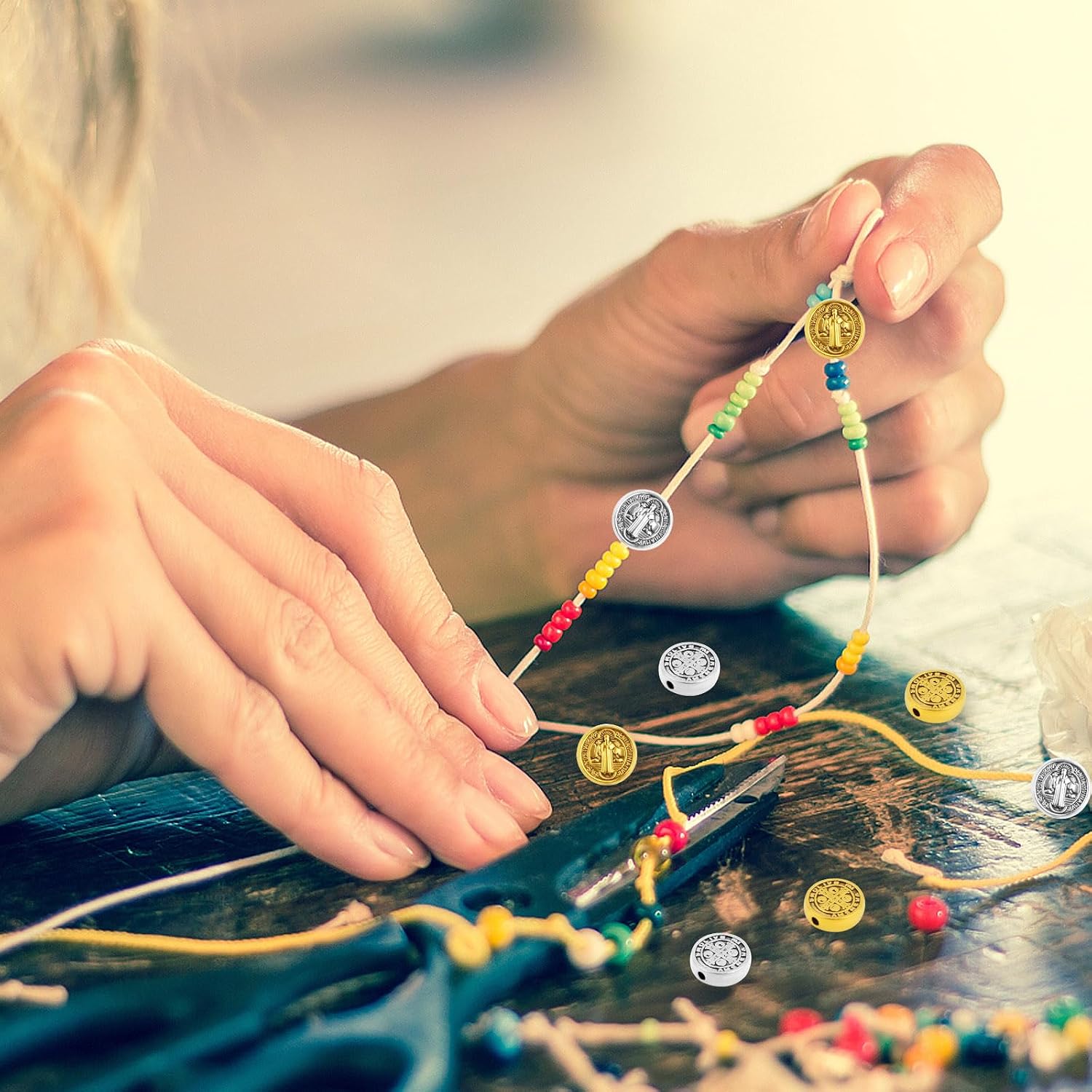 100pcs 9.5 mm Round Double-Sided Jesus Cross Spacer Beads Catholic Saint Benedict Beads Religious Loose Beads for DIY