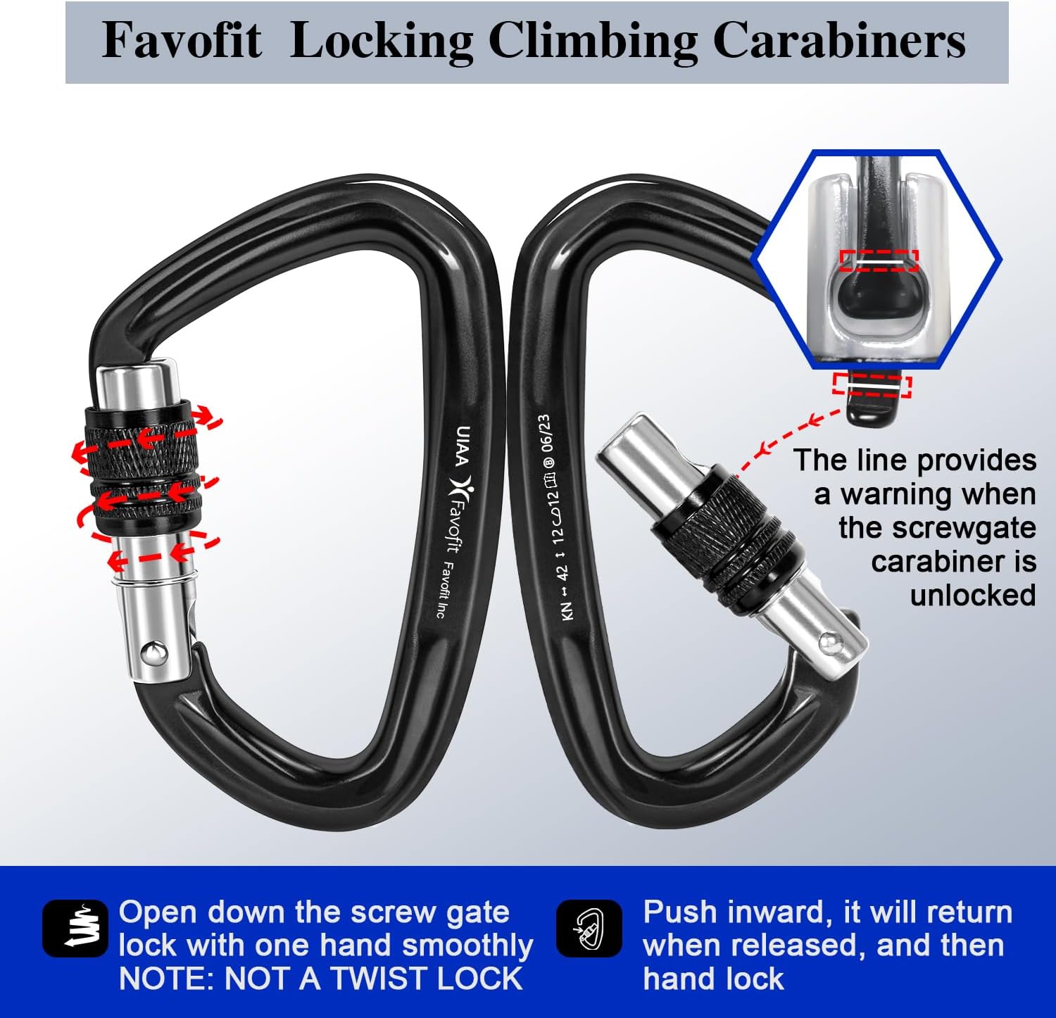 Locking Climbing Carabiner Heavy Duty: Favofit UIAA Certified 42kn (9441 lbs) Safety Caribeaner Clips - Large