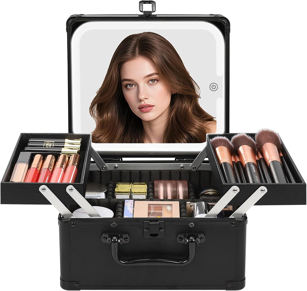 Makeup Bag with Mirror, Makeup Case Organizer with Brush Holder | Removable LED Mirror, Adjustable Dividers, Multiple
