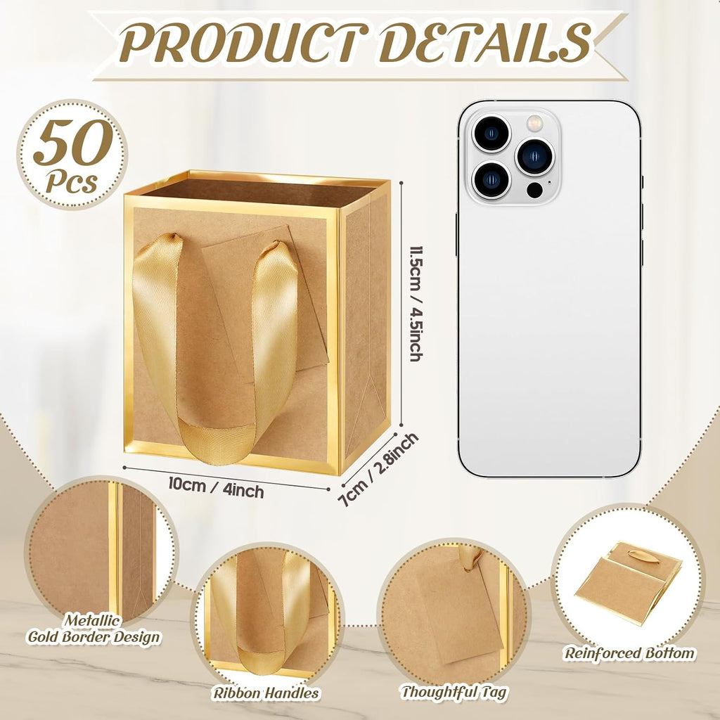 50 Pcs Mini Paper Gift Bags with Handles Tag, Kraft, Gold