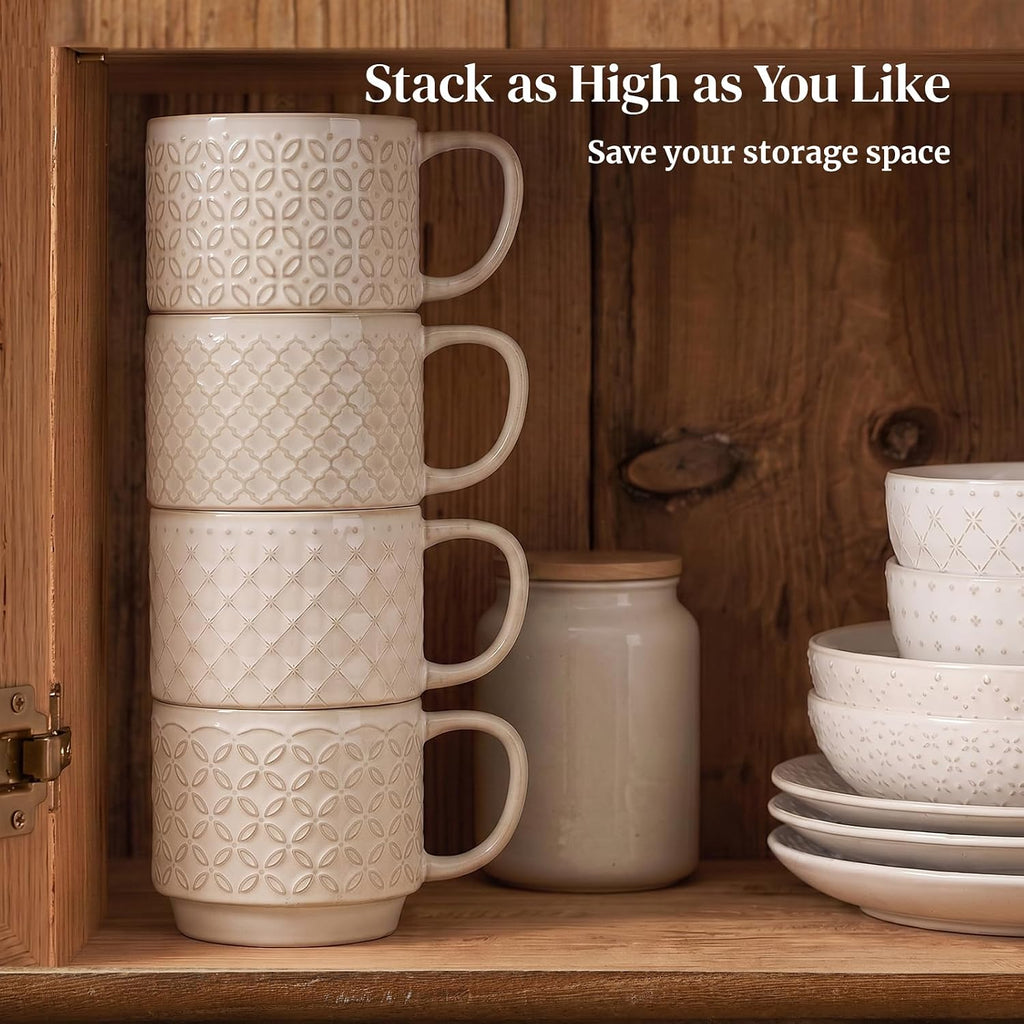 12oz Coffee Mugs Set of 4, Ceramic Coffee Mugs, Stackable Cappuccino Cups, Microwave Safe and Large Handle, Office