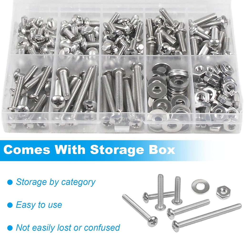 200pcs #8-32 Phillips Pan Head Machine Screws Nuts Washers Kit